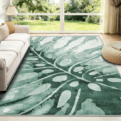 FTCJWL Machine Washable Rug, Large Abstract Monstera Leaf Area Rug for Living Room, Modern Sage Green Tropical Short-Pile Carpet, Non-Slip Indoor Botanical Rug for Bedroom (200x300cm)
