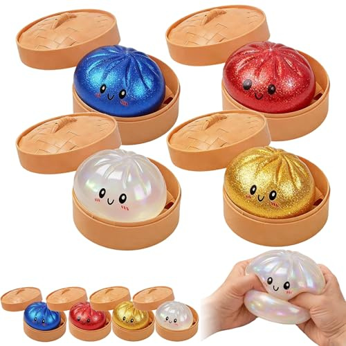 4 Stück Giant Dumplings Squishy, Mystery Dumpling Fidget Toys 2026 Glitter Dumpling Squishy, Squishiest Bun Dumplings with Steamer Box, Stress & Anxiety Relief Toys for Kids & Adults