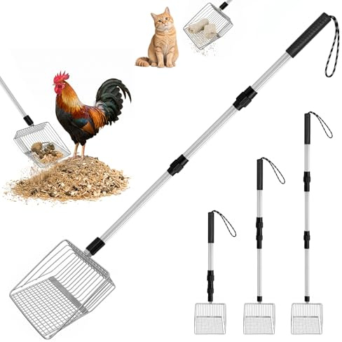 Ehanfus 3 in 1 Paletta per Letame di Pollo, Palettas Lettiera Gatto | 56/80/108cm Pollo Poop Scooper Paletta regolabile, Accessori per Pollaio per Separazione Feci e Detriti Dalla Sabbia(Argento)