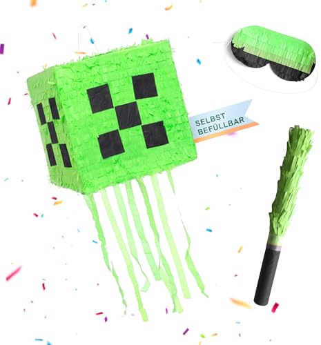Relaxdays Pinata Würfel, mit Stab & Maske, Partypinata Kinder, Geburtstag, zum Befüllen, Block, HBT: 28x28x28 cm, grün