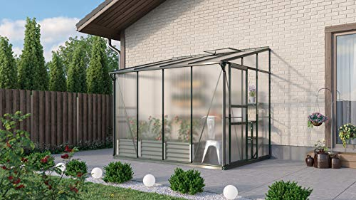 Gartenwelt Riegelsberger Anlehngewächshaus Ida - Ausführung: 5200 HKP 6 mm dunkelgrün, Fläche: ca. 5,2 m², mit 1 Dachfenster, Sockelmaß: 1,90 x 2,54 m