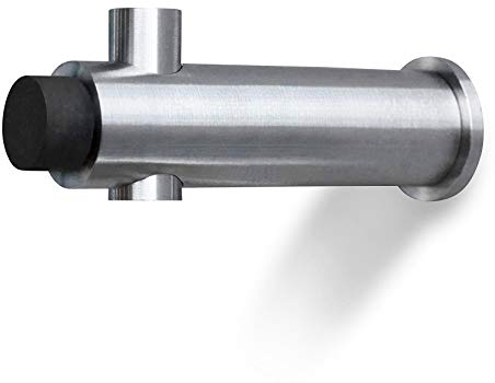 Formschöner Wandhaken aus Edelstahl mit Türstopper, matt geschliffen, Stirnseite mit Gummipuffer, Kleiderhaken, Garderobenhaken, Fensterstopper, Wandschutz, Wandtürstopper - PHOS Design