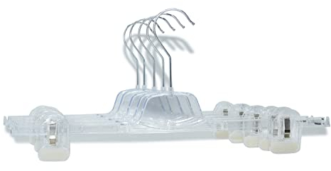 RSR Hangers 10 x Hosenbügel Hosenspanner Klar - KL1 40 cm Rockbügel Kleiderbügel Kunststoff mit Klammer | rutschfeste gummierte und verstellbare Klammern | 360° drehbarer Haken | platzsparend