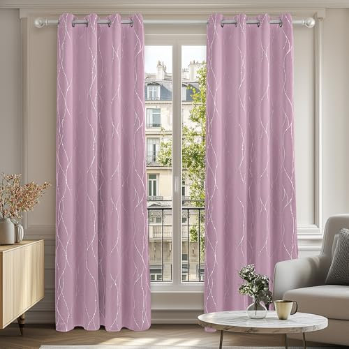 Deconovo Decorative Silver Dotted Line Foil Printed Blackout Curtains Thermal Insulated Curtains Eyelet Curtains for Baby Nursery 46 x 72 Inch Light Pink 2 Panels