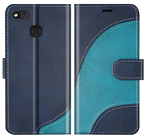 BoxTii Hülle für Huawei P10 Lite, Leder Handyhülle für Huawei P10 Lite, Ledertasche Klapphülle Schutzhülle mit Kartenfächer und Magnetverschluss, Blau