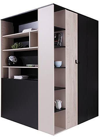 Mirjan24 Eckkleiderschrank Cinga CA01, Drehtürenschrank mit Kleiderstange, Schubladen und Einlegeböden, Eckschrank, Kleiderschrank für Kinderzimmer (Schwarz/Eiche/Beige, ohne Beleuchtung)