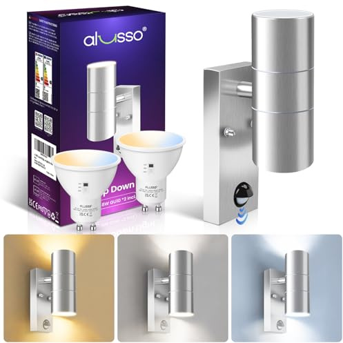ALUSSO Rörelsesensor, utomhusvägglampor, upp- och nedåtgående lampa med PIR-sensor rostfritt stål IP65-vattentät silver utomhus säkerhet, 2 x 8 W GU10 LED-lampor ingår, 3 färgtemperatur