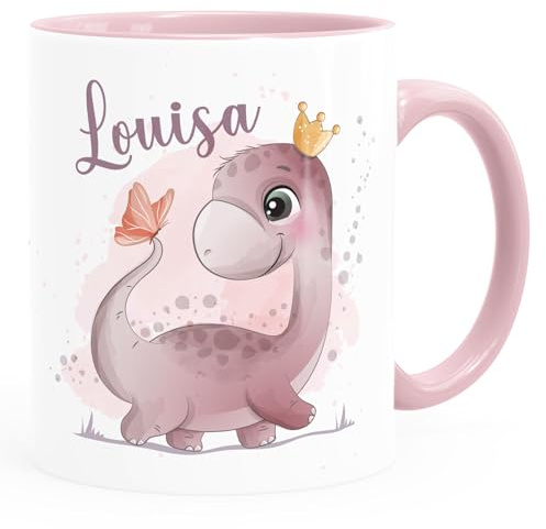SpecialMe® Kindertasse Dino Dinosaurier Schmetterling personalisierte Tasse mit Name aus Keramik für Kinder Jungen Mädchen Weiss-innen-rosa standard