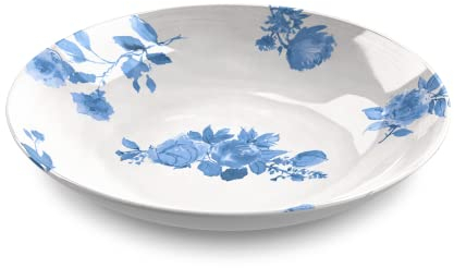 TarHong Cottage Blue Floral Low Bowl for Salad/Pasta/Soup, 9-Inch, 34-Ounce, Pure Melamine, Shatterproof, White and Blue, Set of 6