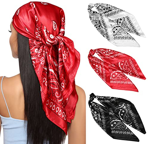 Kajeer 3 Piezas Pañuelo de Cabeza para Mujer - 90x90cm Cuadrado Elegante de Seda y Satén para Niñas