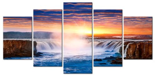 decomonkey - Tableau Acoustique Chute d'eau Cascade Cascade 100x50 5 Pièces - Impression sur Toile Décoration Déco Bureau Montagnes coloré paysage nature cascade coucher de soleil