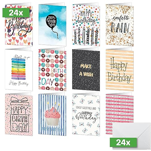 SIGEL DS705 Geburtstags-Karten-Set, 24 Stück, A6, inkl. weiße Umschläge, 12 unterschiedliche Geburtstagskarten, aus nachhaltigem Papier | DS705, 12 unterschiedliche Motive inklusive weiße Umschläge