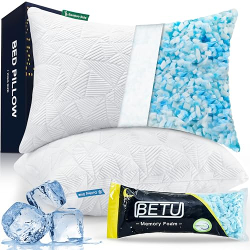 BETU Kuddar – strimlad minnesskum kudde med justerbart loft – perfekt för mage, rygg och sidosovare – andningsbar och tvättbar bambu kylsäng kuddfodral, CertiPUR-US drottning storlek 2-pack