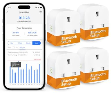 Smart Plug Works with Alexa, Google Home, Bluetooth Smart Socket with Energy Monitoring Support App Remote Control, Voice Control, Timer, No Hub Required, 13A, 4 Packs