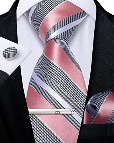 DiBanGu Herren Krawatte Set Seide Gestreift Karierte Krawatte mit Einstecktuch Manschettenknöpfe Krawattenklammer Set für Hochzeit Formell