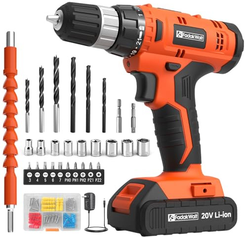 FADAKWALT Juego de brocas inalámbricas, taladro eléctrico de 20 V con batería y cargador, par 30N, 21+1 ajuste de par, mandril sin llave de 3/8 pulgadas, kit de brocas con juego de brocas eléctricas
