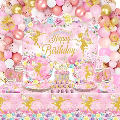 Fairy Party Decoration - Birthday Party Supplies with Plates, Cups, Napkins, Tablecloth, Backdrop, Cake Toppers for Fairy Garden, Flower Girls