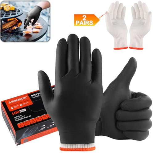 ANBOSON BBQ Gloves for Cooking, Baking, Grilling, Pack of 100 Disposable Nitrile Gloves and 4 Pcs Cotton Glove Liners, Washable (6 Mil Nitrle, Large)