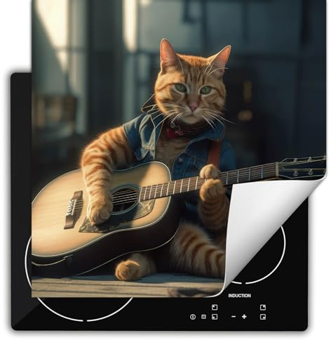 SMTDeco herdabdeckplatte Induktionsmatte herdabdeckung ceranfeld abdeckplatten für ceranfelder induktionskochfeld schutzmatte 60x52 cm Katze Gitarre Orange