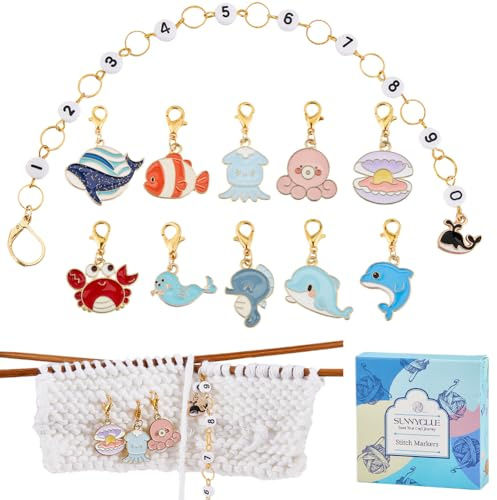 SUNNYCLUE 1 Box 11Pcs Sea Animals Knitting Tool Sets Summer Ocean Stitch Markers Knitting Crochet Stitch Marker Knitting Markers Numbers 0-9 Knitting Row Counter Chains for Knitting Weaving Sewing