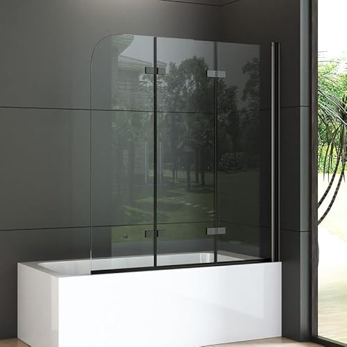 Goezes Duschwand für Badewanne 140x140cm 3-teilig Schwarz, Faltbar Duschtrennwand Glas Badewannenaufsatz, Dreifaltigkeitstür Duschabtrennung 6mm Nano ESG Sicherheitsglas Leichte Reinigung