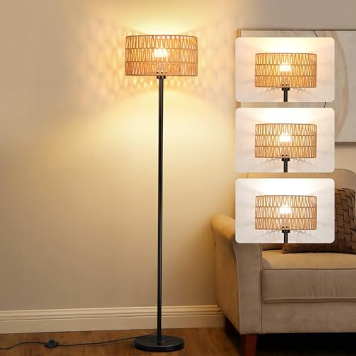 Floor Lamps for Living Room Rattan Boho Floor Lamp with 3 Color Temperature Black Standing Lamp with Rattan & Fabric Shades Tall Floor Lamp for Bedroom