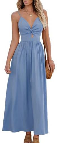 CUPSHE Maxi abito da donna con stampa floreale, scollo a V, senza maniche, estivo, casual, Blu, M