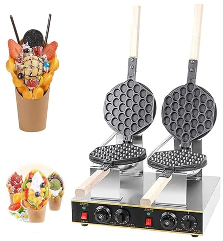 Gaufrier à bulles commercial, gaufrier à bulles à double tête 1400 W et 1400 W avec contrôle indépendant de la température et du temps, machine à gaufres antiadhésive rotative for restaurants, cafés,