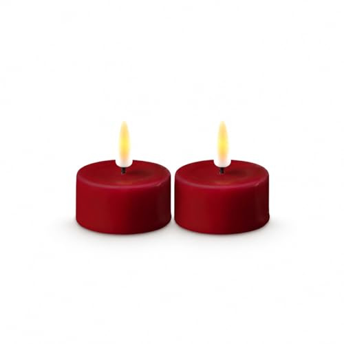 ReWu LED Teelicht 2er Deluxe Homeart, Indoor LED-Teelicht mit Realistischer Flamme, Warmweißes Licht, Echtwachs, Bordeaux