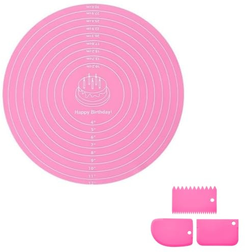 Non Slip Silicone Mat for Cake Turntable - Large Baking Sheet 30cm/11.81in - Heat Resistant Pastry Mat With Measuring Sign (Pink)