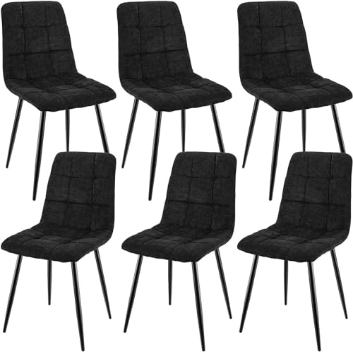 JIJIAN Esszimmerstühle 6er Set, Küchenstühle mit Leinen, Schwarz | Stühle Esszimmer mit Schwarzen Metallbeinen, Bis 120 kg Belastbar, Moderne Polsterstühle für Esszimmer Wohnzimmer Küche