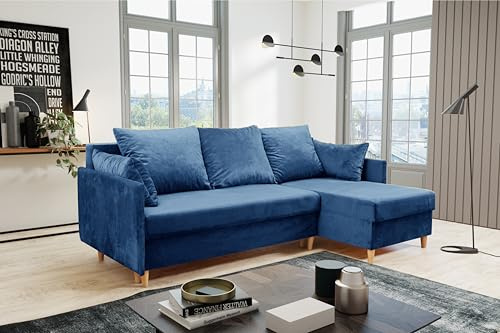 KIER FURNITURE Ecksofa mit Schlaffunktion Kendi - 210 cm Lang - L-Form-Sofa als 3-Sitzer – Wohnzimmer-Couch mit Bettkasten und Armlehnen - Große Liegefläche 140 x 200 cm - Samt Blau