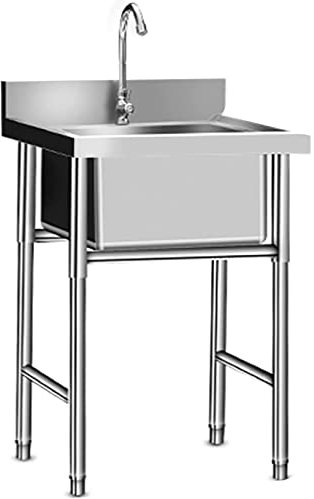 Fregadero de cocina Fregadero de cocina comercial de acero inoxidable de un solo tazón con soporte y protector contra salpicaduras alto, lavabo independiente para lavadero, patio trasero