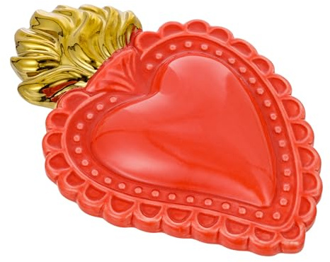 Baroni Home Cuore Sacro Ex-Voto in Ceramica Dipinta a Mano con Fiammella, Arte Sacra Tradizionale, Decorazione da Parete per la Casa, Rosso, 16x11 cm