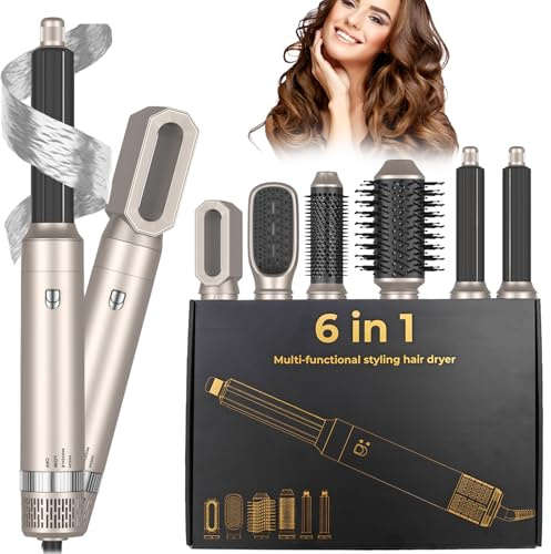 Agrdeed 6 i 1 Airstyler and Föhnborste med Automatisk Luftströmsdropp med 1400W Jonisk Hårtork, Hårtork, Auto Wrap Curly Hair Brush, Plattborste för Att torka, Locka och räta ut håret