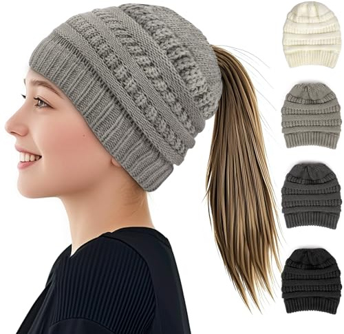 AUYAO Damen Mädchen Strickmütze mit Zopfloch für Pferdeschwanz Wintermütze Gestrickt Beanie Mütze Warme Hut mit Haaren Winter Kappe Beanie Ponytail Cap Damen Haube Häkelmütze Mütze mit Loch für Zopf