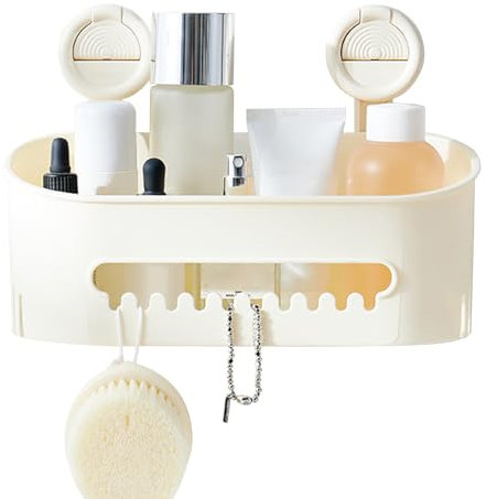 Shower Caddy, Storage Basket with Suction Cups, Bathroom Shower Shelf with Hook, Plastic Hanging Bath Caddy Organizer Holder for Shampoo Conditioner Bathroom Accessories for Kitchen, Drill-Free