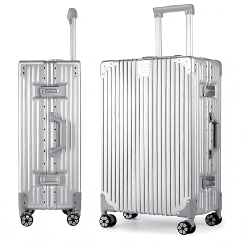 Aoliwei Koffer Handgepäck · Silber · Alu-Rahmen · Hartschalen in Polycarbonat · Trolley Reisegepäck · Reisekoffer mit 4 Doppelräder · TSA Zahlenschloss · XXL-78 cm