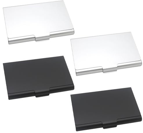 JIHUOO Visitenkartenhalter aus Metall, schmal, Visitenkartenhalter, Visitenkartenhalter, Organizer, Namenskartenhalter, Box für Männer und Frauen, Schwarz, Silber, 4 Stück