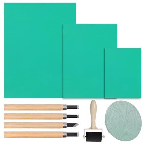 FORYNXHWIN Linoleum Platten Linoldruck Set 9stk, Gummistempel Schnitzblöcke A4/A5/A6, Weichgummi Linoldruck Platte, Flache Oberfläche Linolschnitt Set für Druckgrafiken Kunsthandwerk DIY