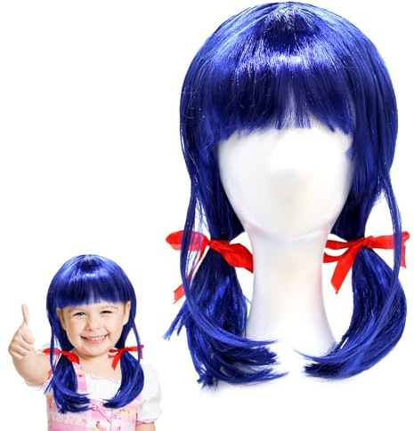 Perücke Anime, Kurze Blau Cosplay Perücke, Ladybird Perücken Mädchen mit Roten Schleifen, für Mädchen Cosplay Anime Kostüm Karneval Maskerade