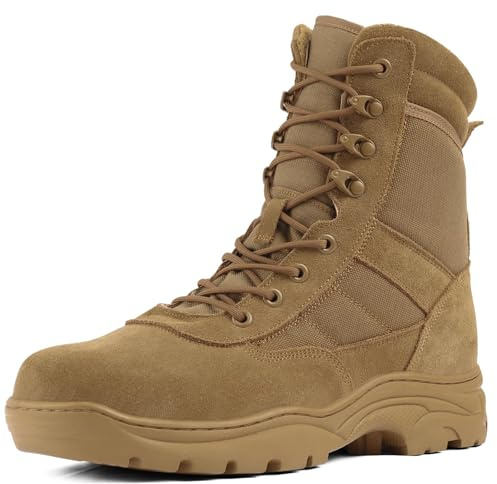 QUNLON Rangers Militaire Homme Bottes Tactique Botte Moto Homme Bottes Militaire Airsoft Bottes de Combat avec Fermeture éclair Antidérapante Chaussure de Randonnée-Marron 46EU