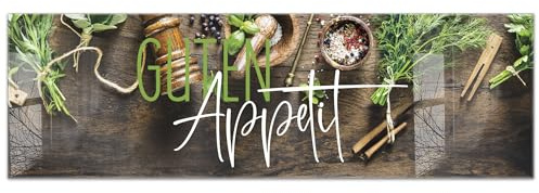 timalo Küchenbild aus Acrylglas modernes Wandbild Glasbild Deko Küche XXL Acryl-Bild wie Glas | 160x50cm Kräuter& Gewürze auf rustikalem Holztisch, Guten Appetit