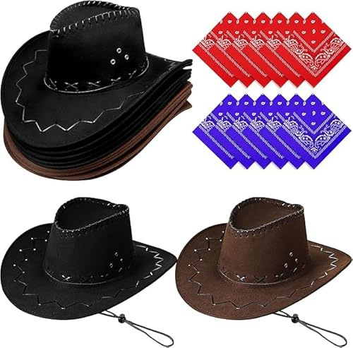 SWHCM 12 Stück Cowboyhut Faschingshut mit Bandana, Cowboy Karneval,Westernstyle Karnevalskostüm Faschingskostüm Herren Damen Western Party für Damen Herren