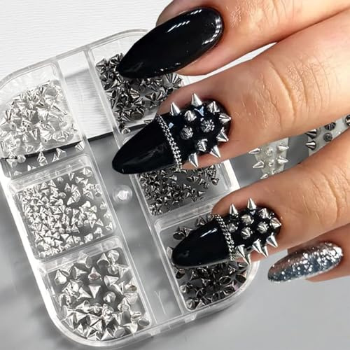 Shimmerz Lot de 6 clous métalliques style punk pour ongles, pendentifs 3D gothiques pour ongles pointes coniques noires et argentées art de l'ongle bijou en alliage