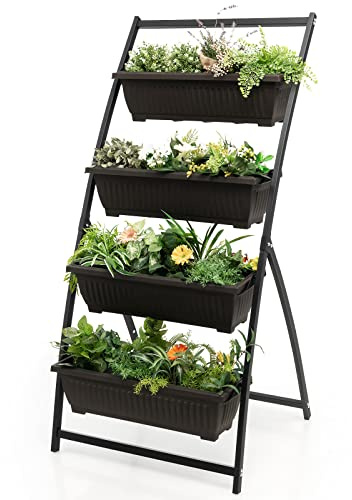 GOPLUS 4-stufiges Hochbeet, Pflanzenbeet mit 4 Blumenkästen, Metall Gartenbeet mit Drainagelöchern, vertikaler Blumentreppe, Pflanzgefäß Kräuterbeet für Terrasse, Balkon & Garten (76 x 70,5 x 160 cm)