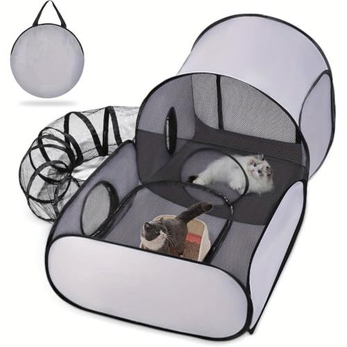 Cat Play Pen, Foldable Cat Enclosure Outdoor Kitten Playpen Pet Tent Tunnel with Carry Bag and Surround Tunnel for Kittens Puppy Dog Small Animals Indoor, Grey