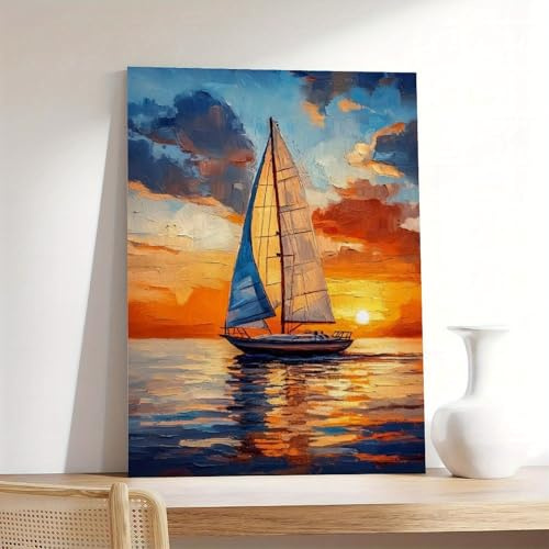 EUXUXI Sailboat Sunset Canvas Wall Art, Nautical Landscape Painting Print for Living Room Decor, Coastal Beach Artwork, Vibrant Orange and Blue Scenery 20x30