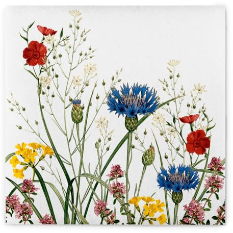 Mank Airlaid Serviette Edith 40 x 40 cm – 50 Stück, stoffähnliche Premium Einweg Servietten, Hochzeit, extra saugstark, Blumenmotiv Blumenwiese bunt in Rot Lila Blau Grün, Dinnerservietten