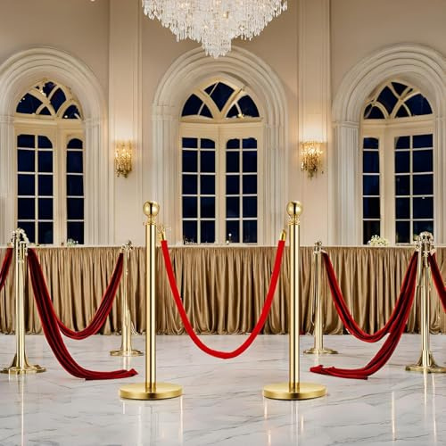 Glowsol Gold Stainless Steel Stanchions with 5 ft Red Velve t Ropes – Crowd Control Barriers for Red Carpet, Grand Opening, Casino, Prom & 360° Photo Booth Party Supplies, 2-Pack | 1 Cords